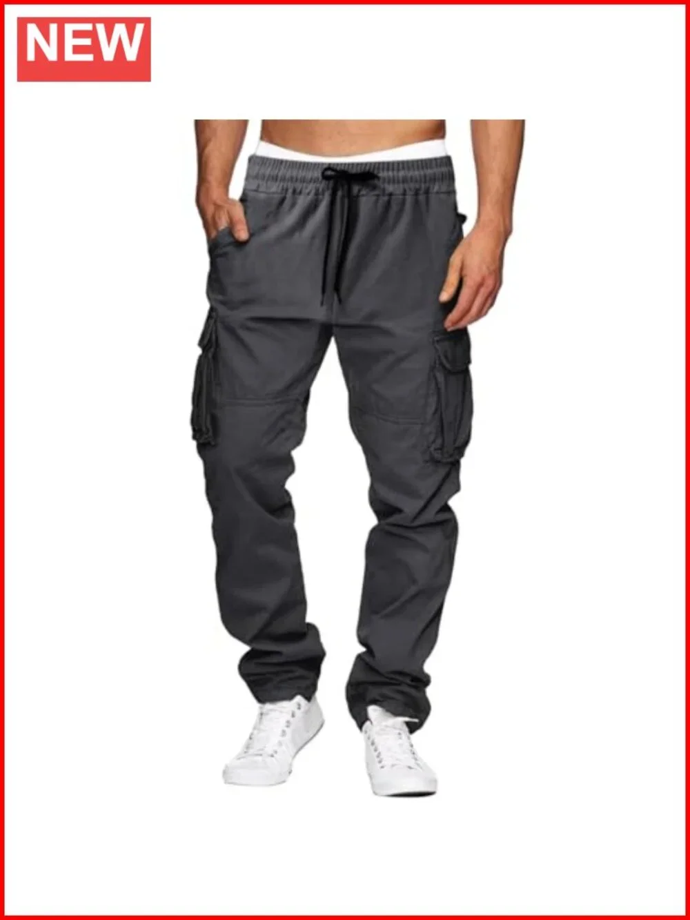 Men's Relaxed Fit Straight Leg Cargo Pants with Drawstring Elastic Waist and 6